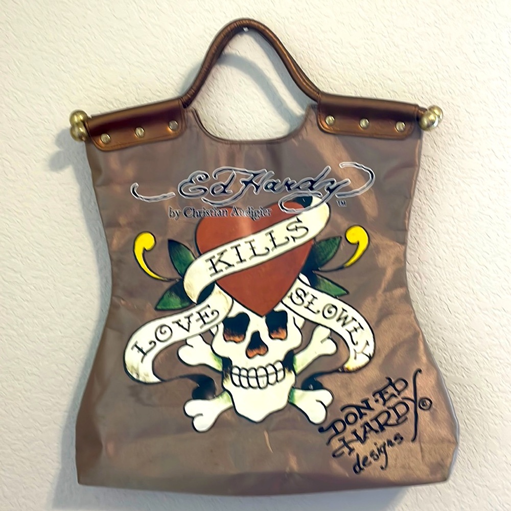 ♥️ Ed Hardy Nylon Bag Skull Print Fun Bag Top-handle Bag